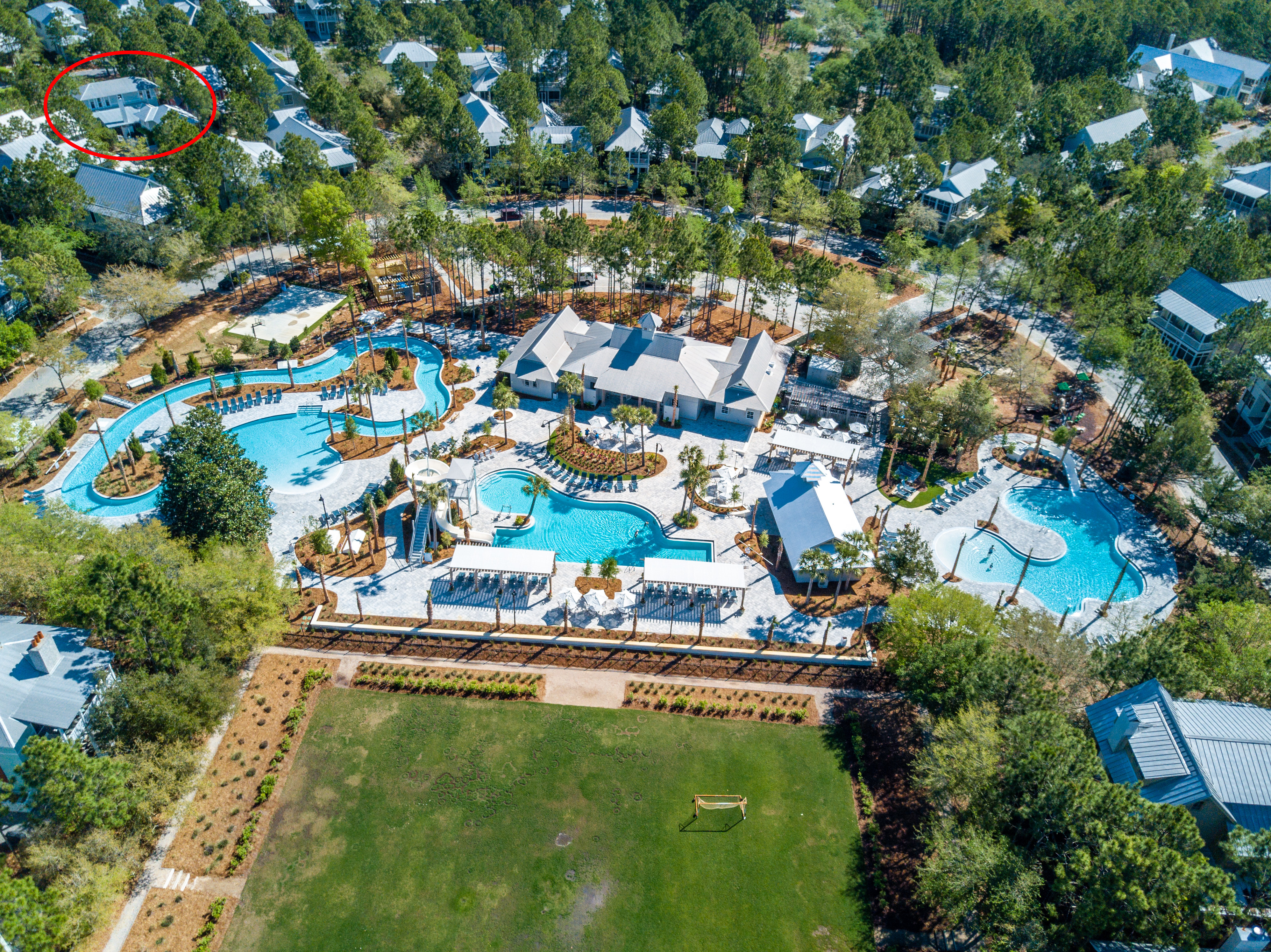 An aerial view of Camp Watercolor showing the pools and lazy river